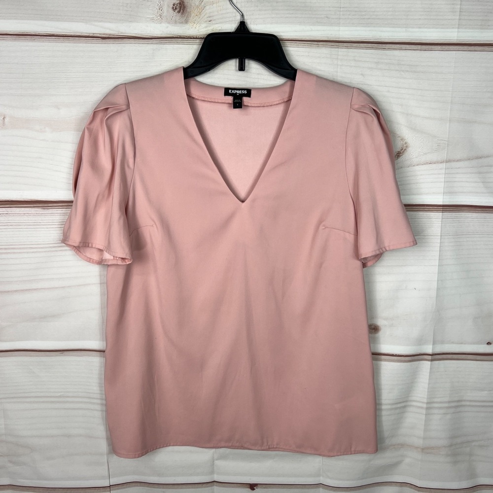 Express Top Womens S Pink V-Neck Blouse Puff Sleeve Woven Stretch Solid Pullover